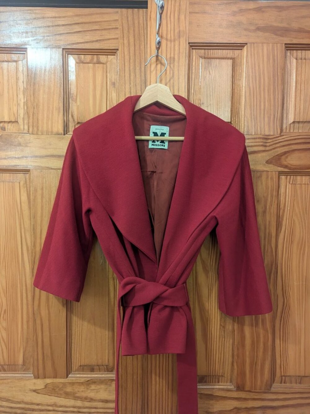 Missoni jacket coat size 4 red wool wrap wide lapel belted